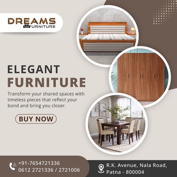 This ad creative utilizes a sophisticated, circular collage format to display multiple furniture items against a neutral background to communicate a premium brand aesthetic.