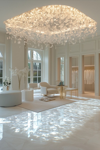 This ad creative features a high-end chandelier in a minimalist, light-filled room to establish a premium brand identity through visual storytelling.