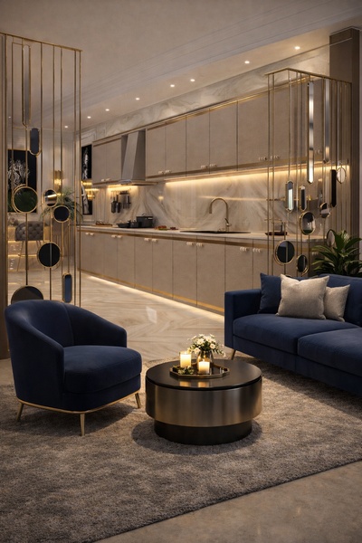 A high-end kitchen space featuring gold accents, deep blue furniture, and atmospheric lighting, emphasizing a luxury lifestyle aesthetic.
