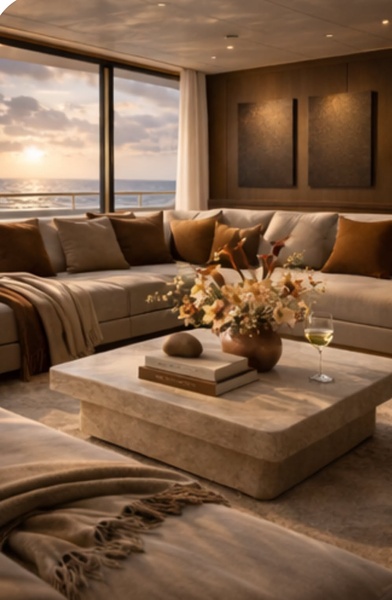 A high-end, lifestyle-focused shot of a luxurious living room featuring an L-shaped sofa, modern center table, and a sunset sea view.