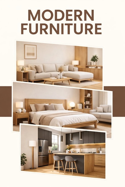 A vertical collage showing three different modern interior room setups: a living room, a bedroom, and a kitchen area.