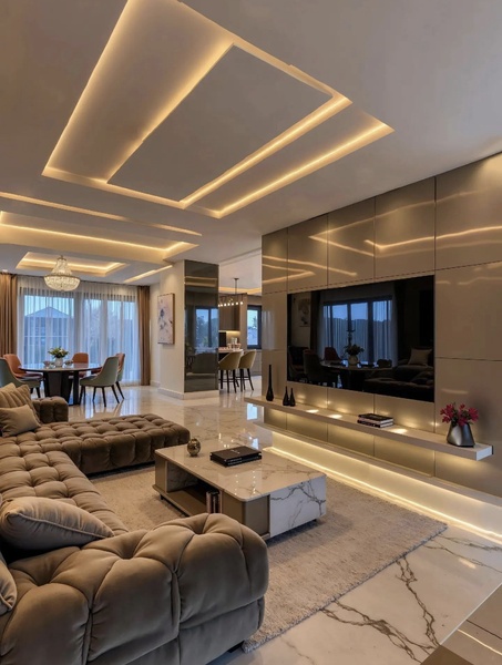 A high-end interior design shot featuring a tufted sofa, marble coffee table, and layered cove lighting to evoke a luxury home aesthetic.
