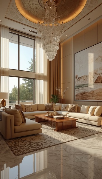 A high-end, vertical interior shot featuring a plush, modular sofa set in a sunlit, opulent living room with a grand chandelier.