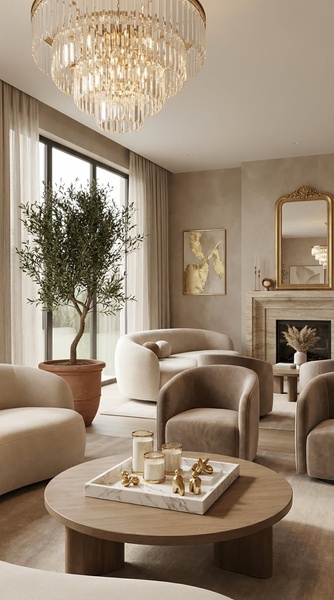 A high-end interior design shot featuring a round wood coffee table, neutral-toned furniture, and elegant decorative accents.