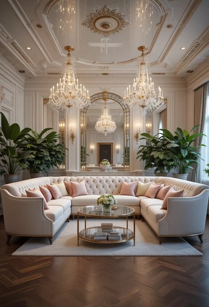 A symmetrically composed, high-end living room featuring a plush linen sofa, symmetrical chandeliers, and rich indoor greenery.