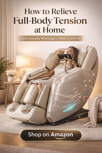 This ad creative shows a person relaxing in a high-end massage chair in a cozy, minimalist home environment with soft lighting.