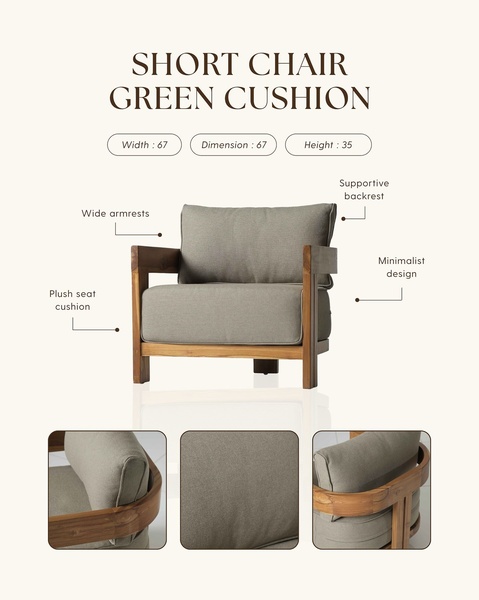 A clean, minimalist product showcase using technical callouts to highlight the key design features and comfort of the short chair.