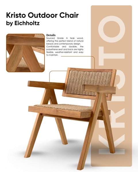This ad creative highlights the Kristo Outdoor Chair using a split-screen detail shot and a clean, neutral background to emphasize the product's premium materials.