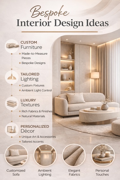 An educational infographic-style ad presenting four key pillars of luxury home design: furniture, lighting, textures, and decor.
