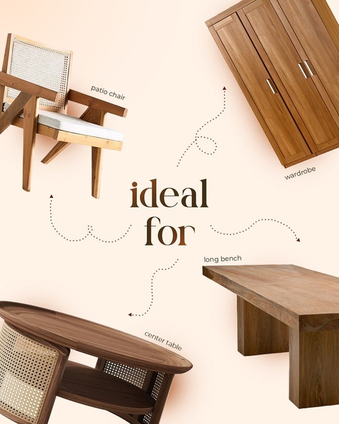 This creative uses a clean, minimalist layout to display multiple furniture items against a soft background with directional arrows, clearly labeling each piece.