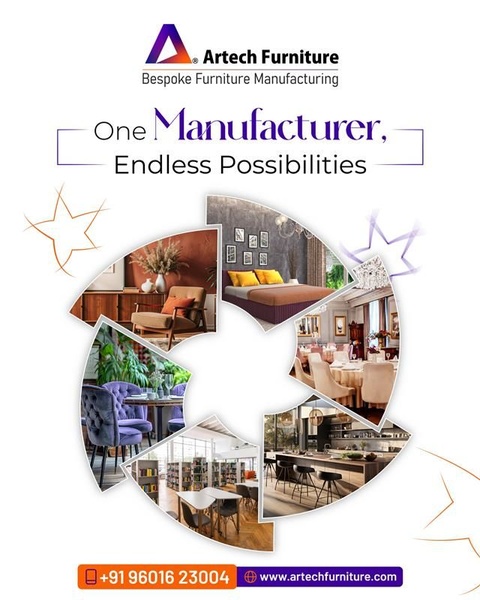 A 4:5 vertical ad featuring a central collage of various room settings including bedroom, kitchen, and dining areas to showcase manufacturer capability.