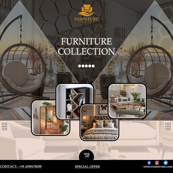 A square-format social media ad featuring a product grid of premium indoor home furnishings with a 60 percent off sale call-to-action.