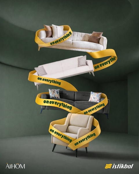 A vertical composition showcasing multiple furniture pieces connected by a continuous yellow ribbon featuring repeating sale text.
