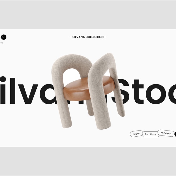 A minimalist studio-quality product shot of a modern, curved stool with a fabric backrest and leather seat against a clean white background.