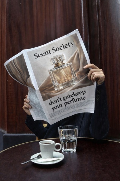 A sophisticated, editorial-style creative featuring a perfume bottle placed inside a newspaper, using a 'Don't Gatekeep' call to action to build community curiosity.