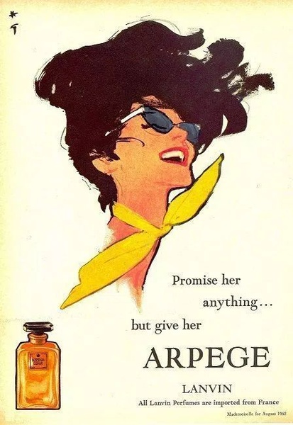 An elegant, hand-drawn illustration of a woman wearing sunglasses and a yellow scarf, advertising a perfume bottle with a bold, aspirational headline.