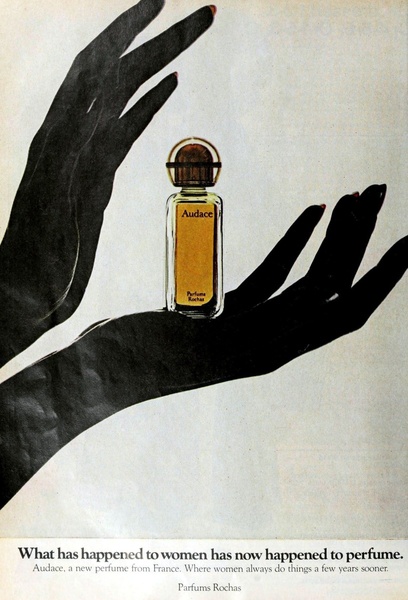 A high-contrast advertisement featuring a single perfume bottle held between two silhouette hands against a stark, clean background.