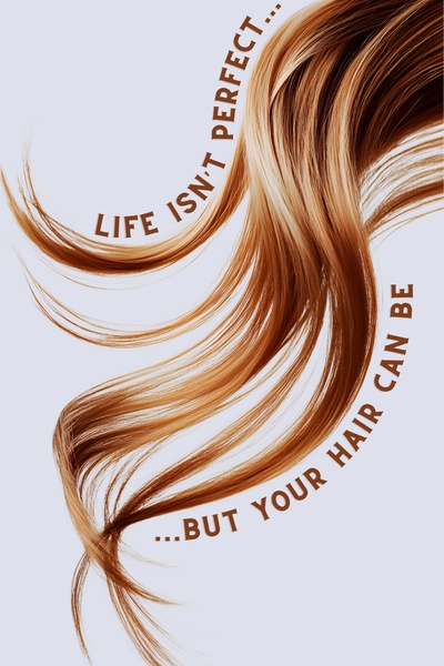 A minimalist, text-focused ad featuring elegant hair strands to highlight product effectiveness.