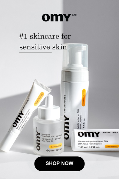 This ad creative features three skincare products arranged on a minimalist white surface with a bold, clear headline claim centered above the items.