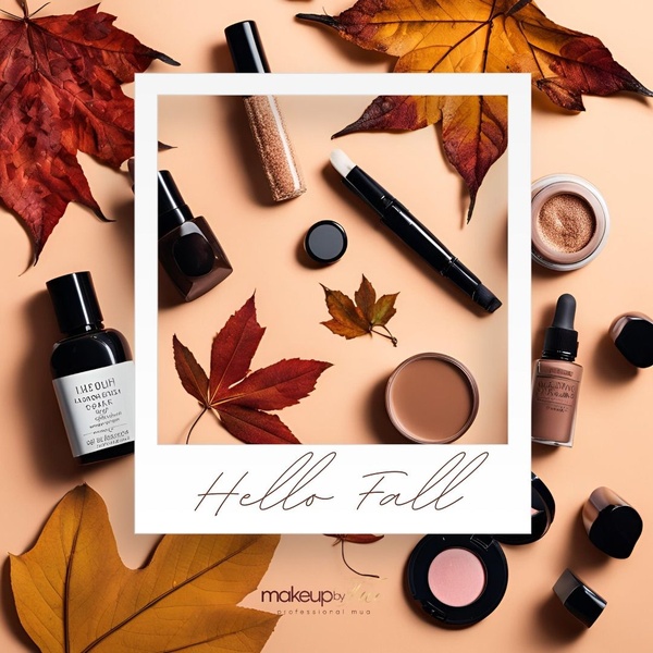 A high-quality 1:1 square photograph featuring an organized collection of cosmetic products surrounded by seasonal autumn leaves on a warm, neutral background.