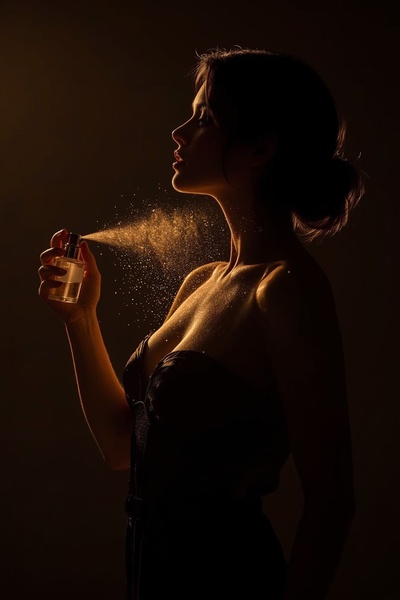 A high-end silhouette shot of a woman applying perfume with golden mist captured against a dark, moody background.