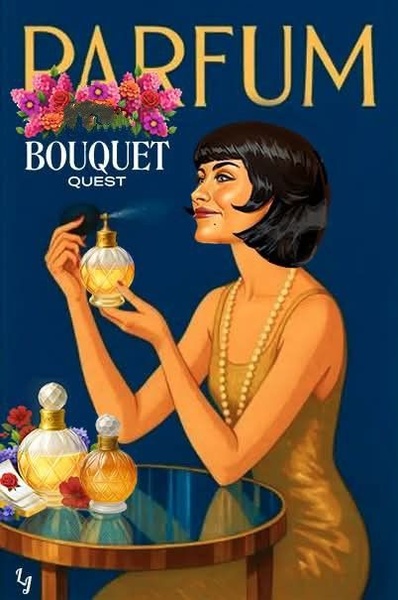 An elegant, 2:3 vertical illustration depicting a woman in a gold dress applying perfume, set against a rich blue background with floral accents.