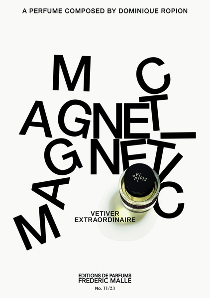 A high-end product advertisement featuring the product centered among scattered, large-scale black typography on a clean white background.