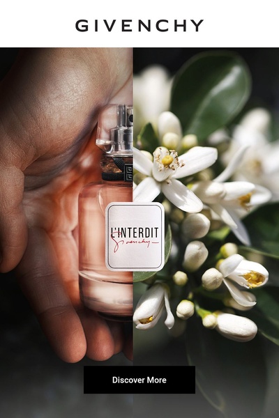 A split screen aesthetic creative featuring a perfume bottle held in a hand on one side and fresh white blossoms on the other, highlighting the fragrance ingredients.