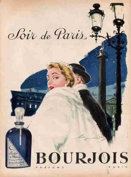 A classic, illustrated advertisement featuring a woman in a fur stole overlooking a Parisian street scene at night, with a prominent bottle of Soir de Paris perfume in the foreground.