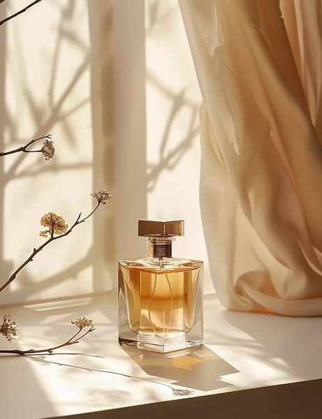 A sophisticated perfume bottle bathed in warm, natural sunlight, accented by delicate botanical sprigs and soft, flowing curtains.