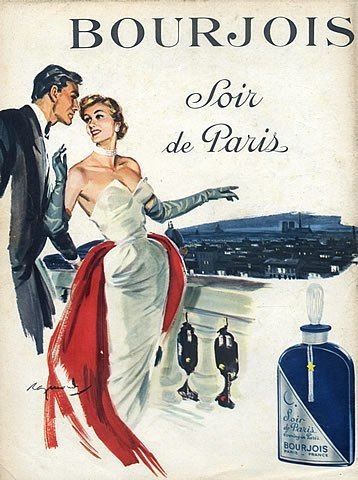A vintage-style illustration of a couple overlooking the Paris skyline at night, paired with an elegant bottle of Soir de Paris perfume.