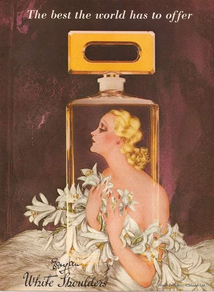 A classic vintage-style perfume ad featuring a woman surrounded by flowers inside a transparent glass bottle, emphasizing elegance and mystery.