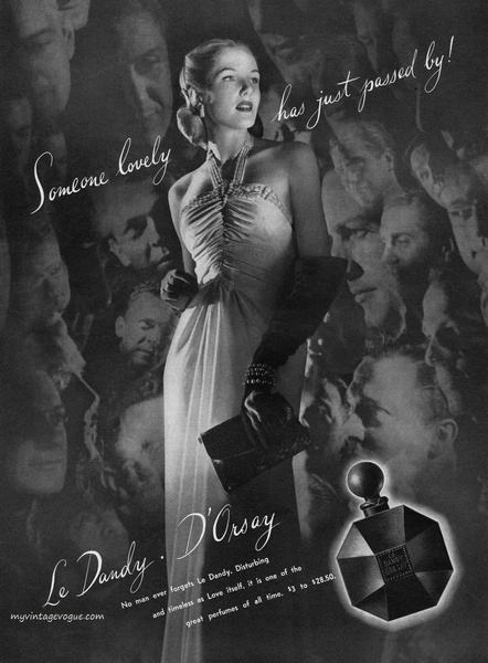 A high-fashion, vintage-inspired advertisement using a central hero product shot surrounded by an ethereal crowd to imply high desirability and social status.