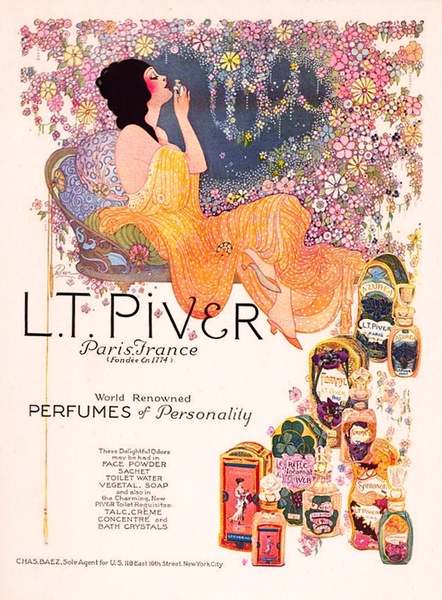 A classic Art Nouveau-style illustration featuring a woman in a flowery setting, surrounded by an assortment of perfume bottles and beauty products.