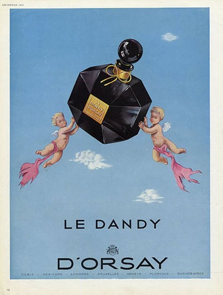 A vintage-style illustration featuring a black perfume bottle being carried by two cherubs against a soft blue sky.