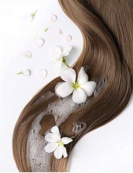A close-up, high-key photography style shot showing a swatch of smooth, healthy hair accented by white flowers and water droplets.