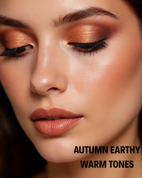 A close-up portrait focusing on professional eye makeup using rich, warm, and earthy autumn tones.