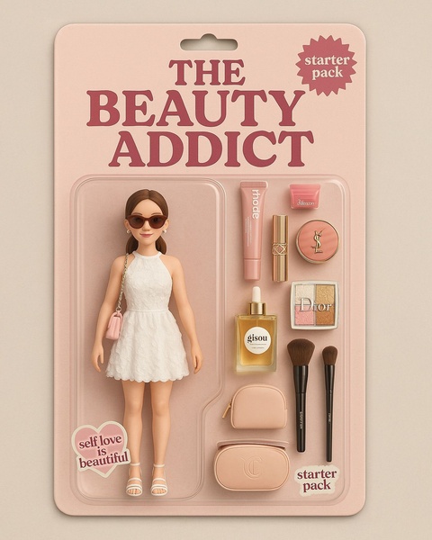 A clever, toy-inspired flat-lay aesthetic featuring a doll-sized figure surrounded by luxury skincare and makeup essentials in uniform packaging.