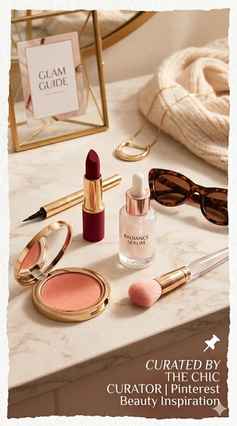 A high-end flat lay featuring beauty products on a marble vanity, designed to project a premium, curated lifestyle.