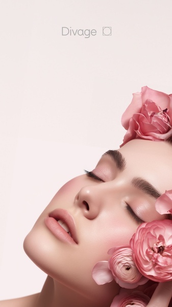 A close-up, high-key shot of a person with eyes closed, surrounded by soft pink roses, emphasizing a clean and natural beauty brand image.