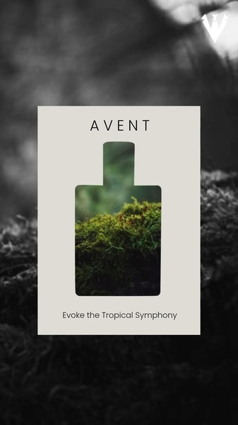 A minimalist, high-end perfume advertisement featuring a cutout silhouette of a fragrance bottle revealing a mossy forest texture against a neutral background.