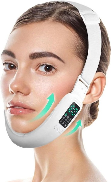 A close-up demonstration of a user wearing an electronic facial lifting device, emphasizing target areas for skin tightening.