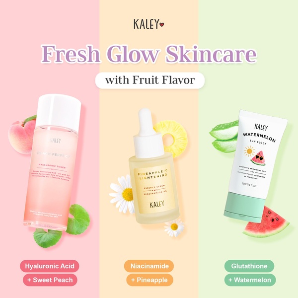 A 1:1 format creative displaying three different skincare products paired with their corresponding natural fruit ingredients and key active components.