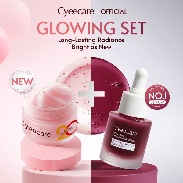 This static 1:1 creative displays a skincare cream and brightening serum side-by-side using a clean, brand-colored split-screen background to emphasize a comprehensive routine.