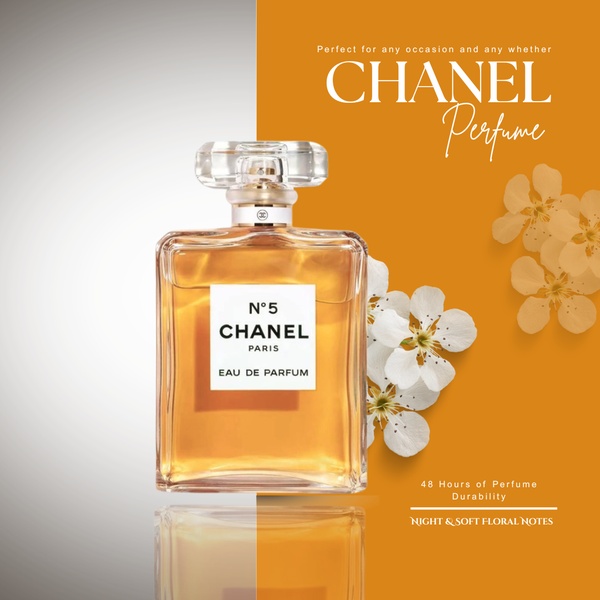A high-end perfume bottle centered between a neutral grey background and a warm, floral-accented orange field, emphasizing product elegance.