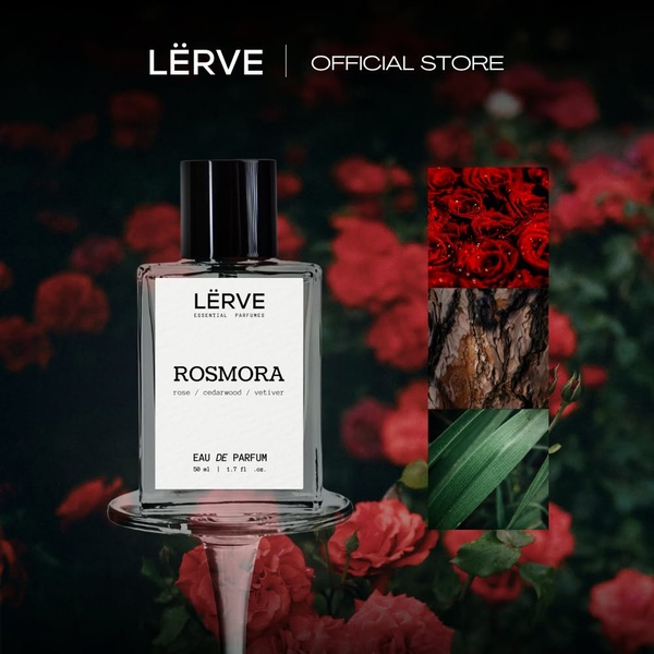 A luxury perfume ad displaying a product bottle paired with macro shots of its core fragrance notes: rose, cedarwood, and vetiver.