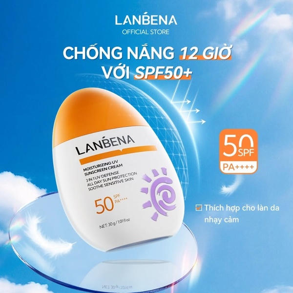 A clean, outdoor-themed product shot highlighting 12-hour protection and SPF 50+ benefits for sensitive skin.