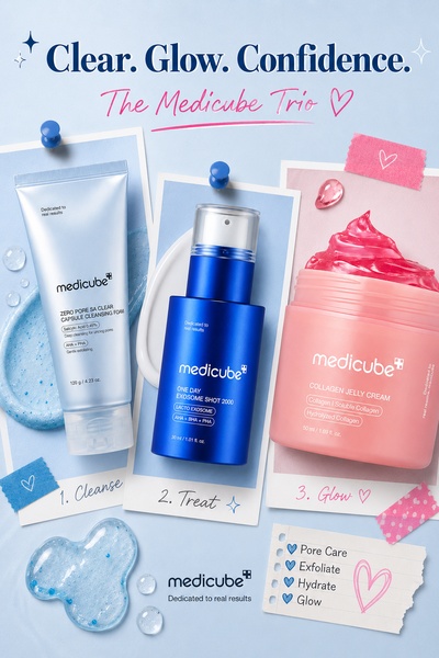 A flat-lay photography style showcasing a three-step skincare regimen with clean product labeling and categorized benefit tracking.