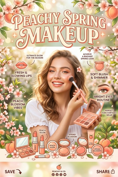 A seasonal aesthetic graphic featuring a makeup kit with peach-themed products, highlighting specific benefits like glowing skin and bright eyes.