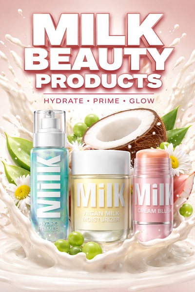 A high-energy, liquid-themed product showcase featuring three beauty items surrounded by milk splashes and botanical ingredients.